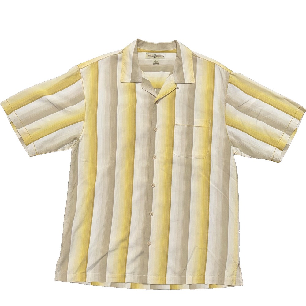 Tommy Bahama 100% Silk Shirt Wooden Buttons Men's Size Medium Yellow Stripes